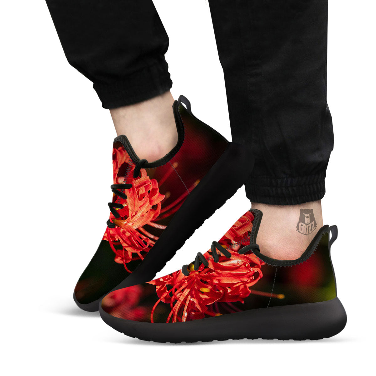Amaryllis Red Japanese Print Black Athletic Shoes-grizzshop