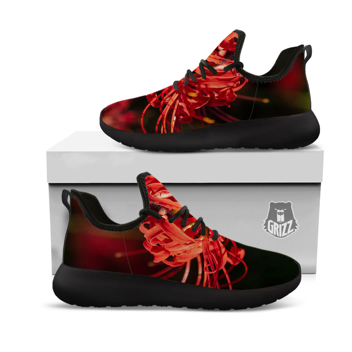 Amaryllis Red Japanese Print Black Athletic Shoes-grizzshop