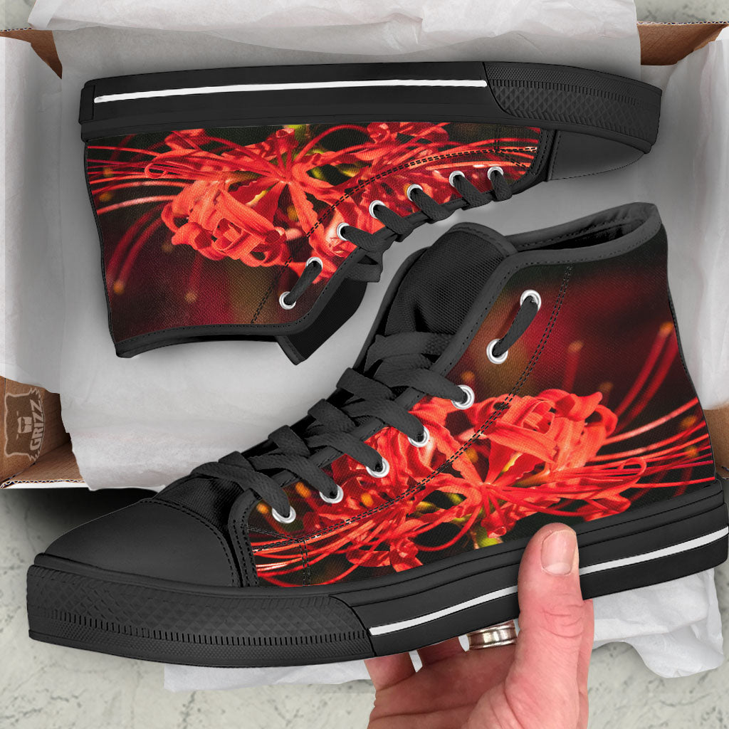 Amaryllis Red Japanese Print Black High Top Shoes-grizzshop