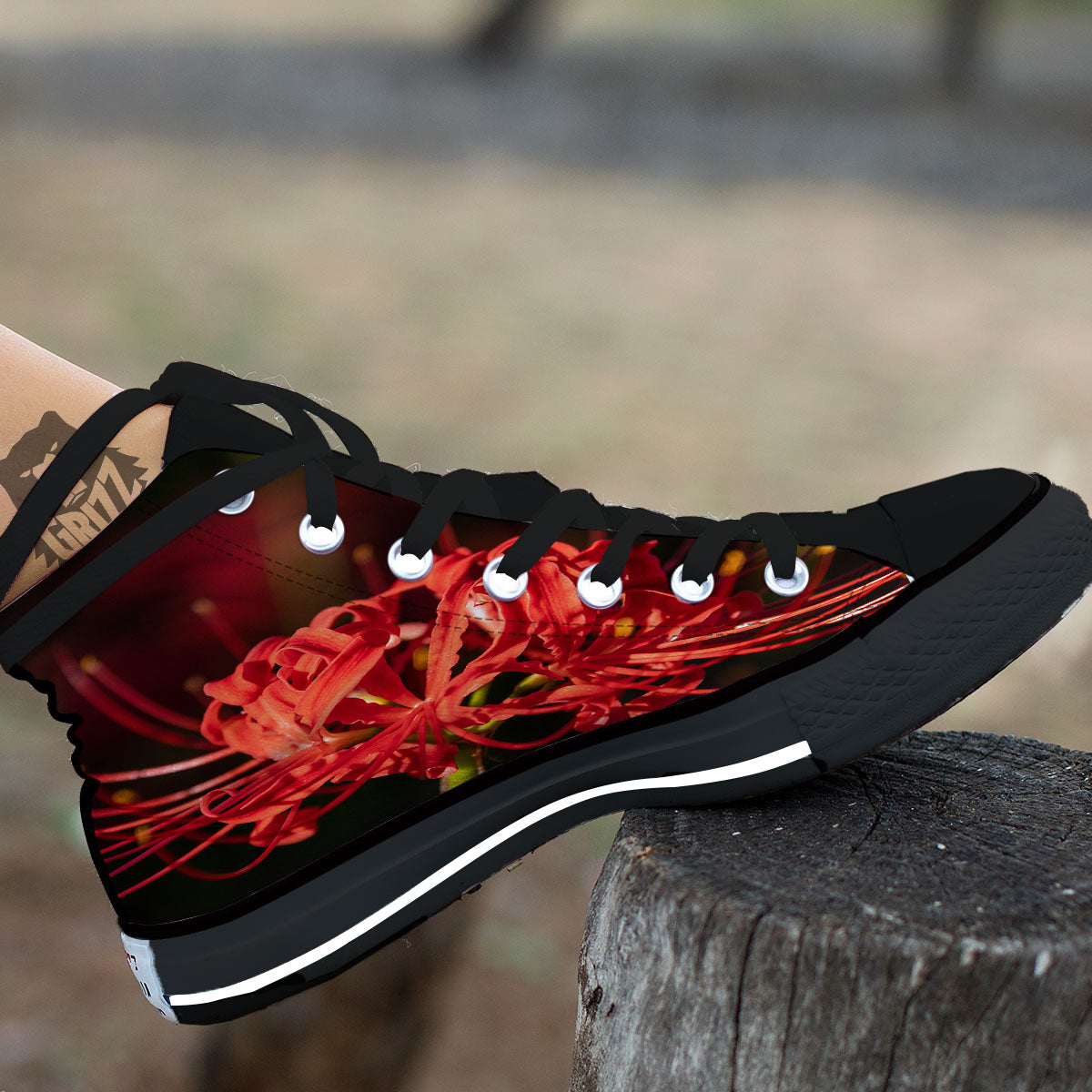 Amaryllis Red Japanese Print Black High Top Shoes-grizzshop