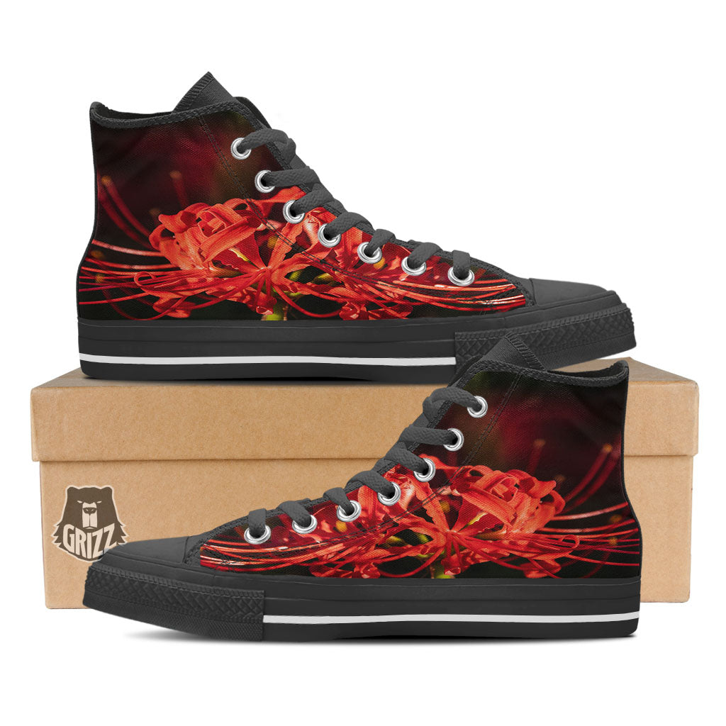 Amaryllis Red Japanese Print Black High Top Shoes-grizzshop
