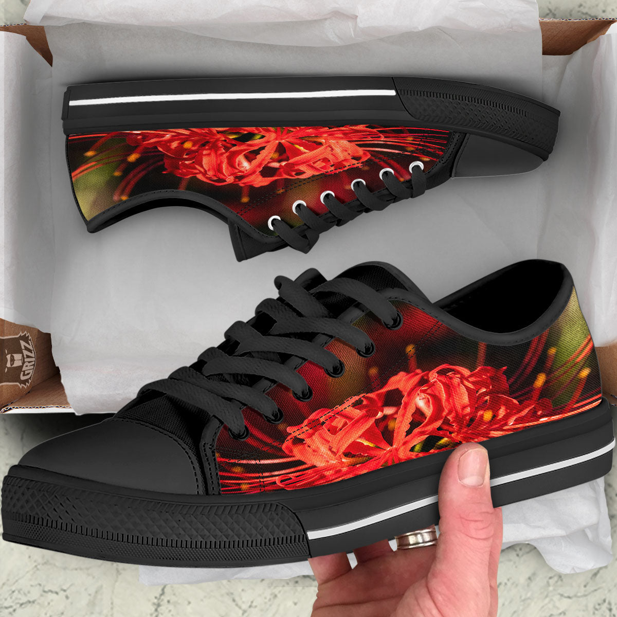 Amaryllis Red Japanese Print Black Low Top Shoes-grizzshop