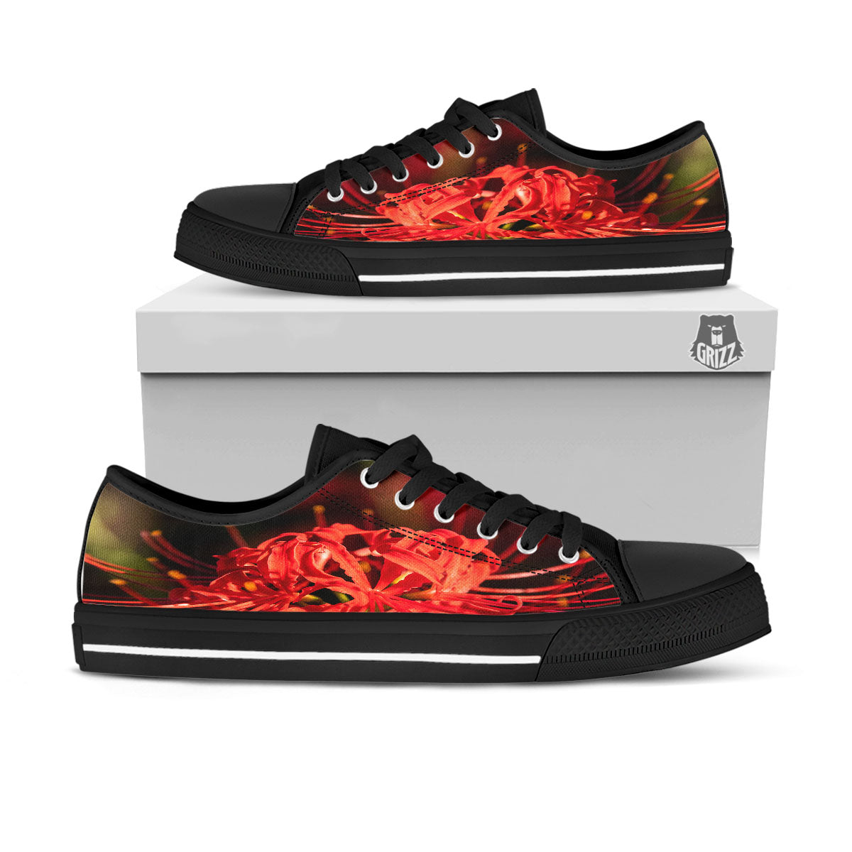 Amaryllis Red Japanese Print Black Low Top Shoes-grizzshop