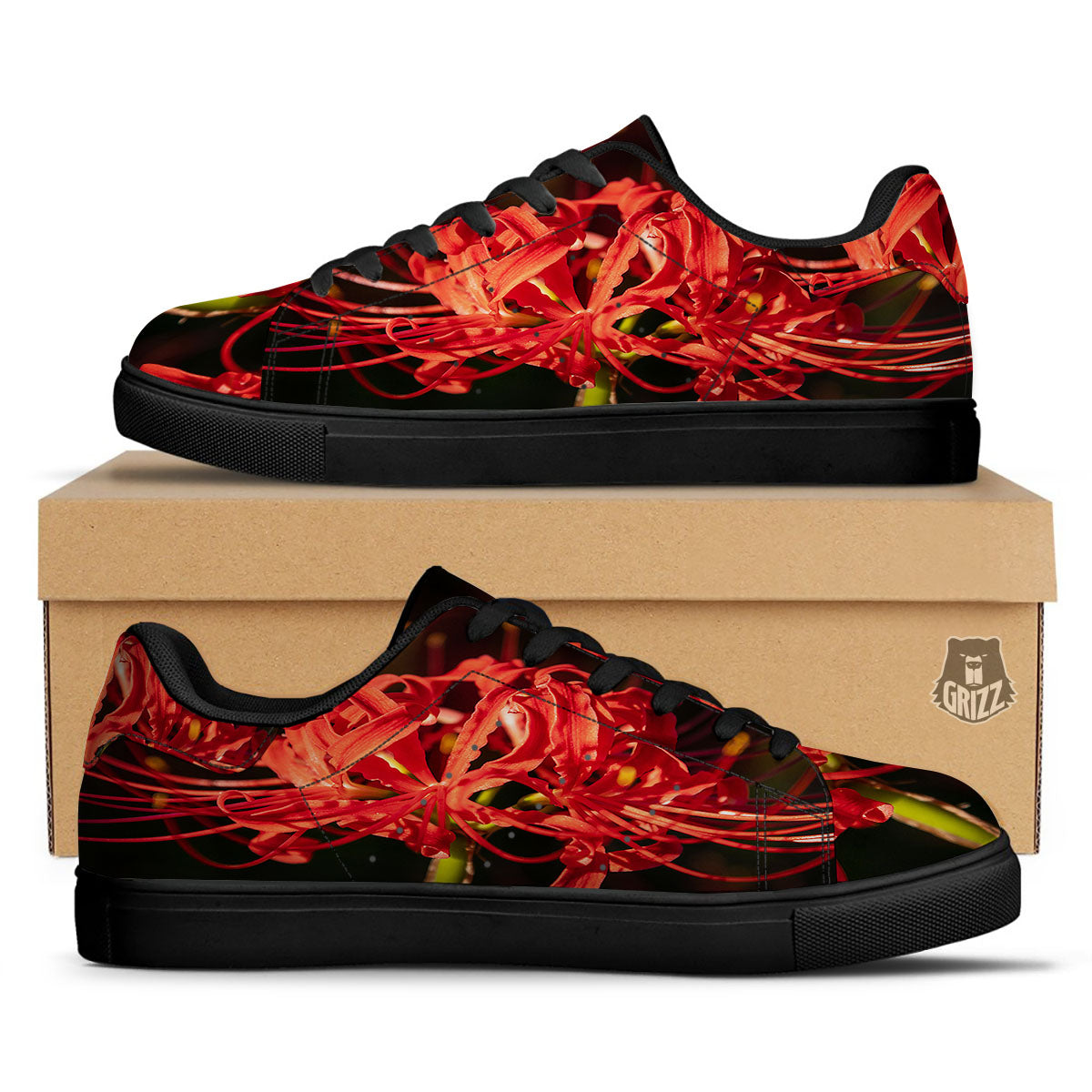 Amaryllis Red Japanese Print Black Low Top Sneakers-grizzshop