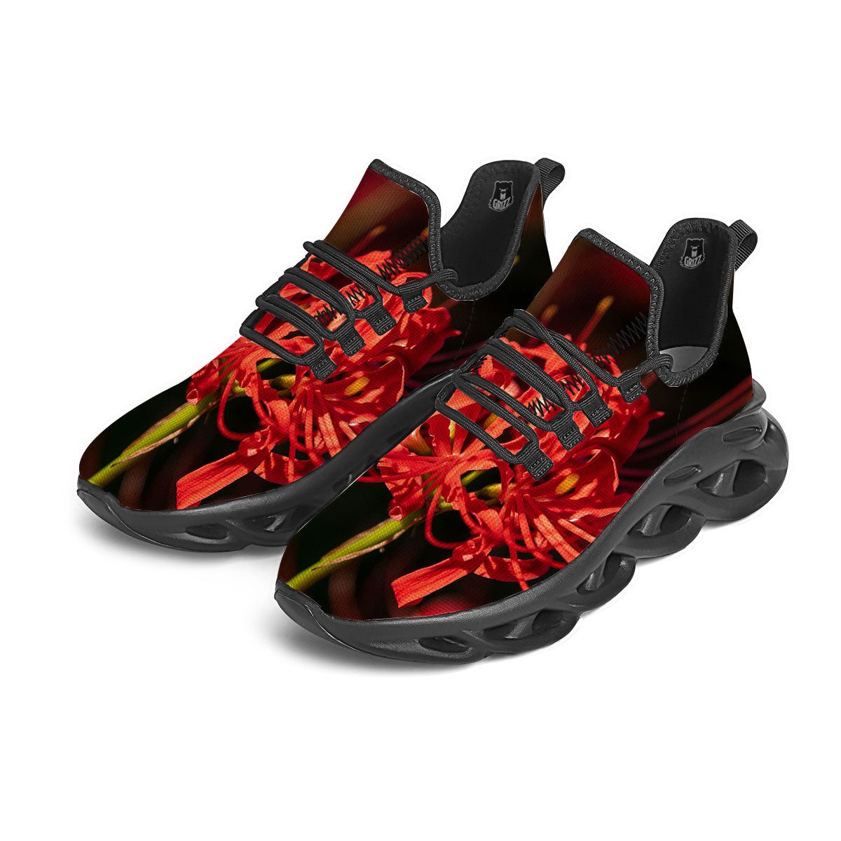 Amaryllis Red Japanese Print Black Running Shoes-grizzshop