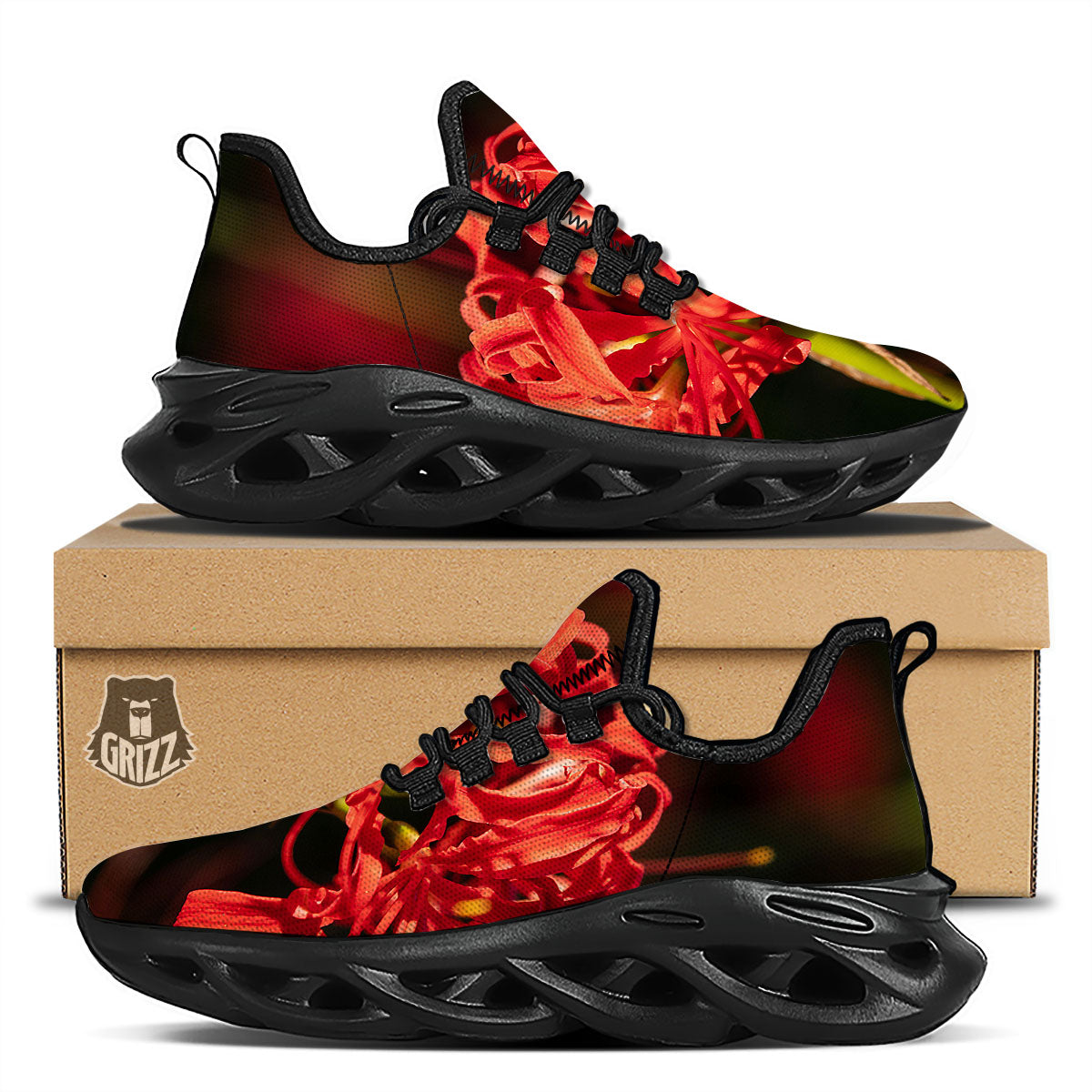 Amaryllis Red Japanese Print Black Running Shoes-grizzshop