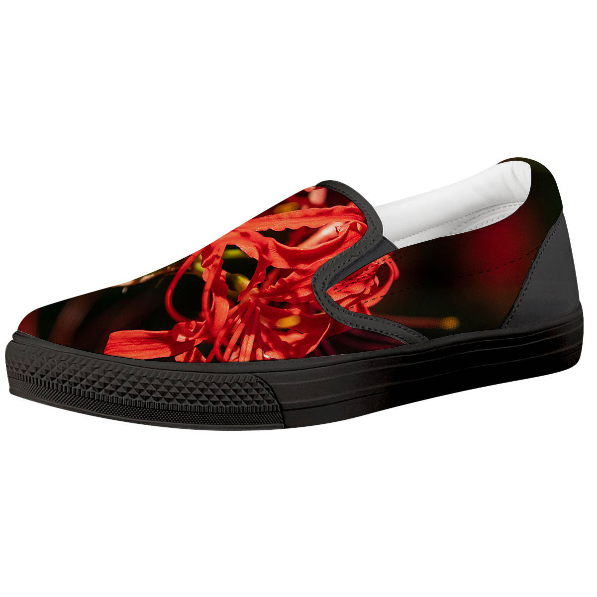 Amaryllis Red Japanese Print Black Slip On Shoes-grizzshop