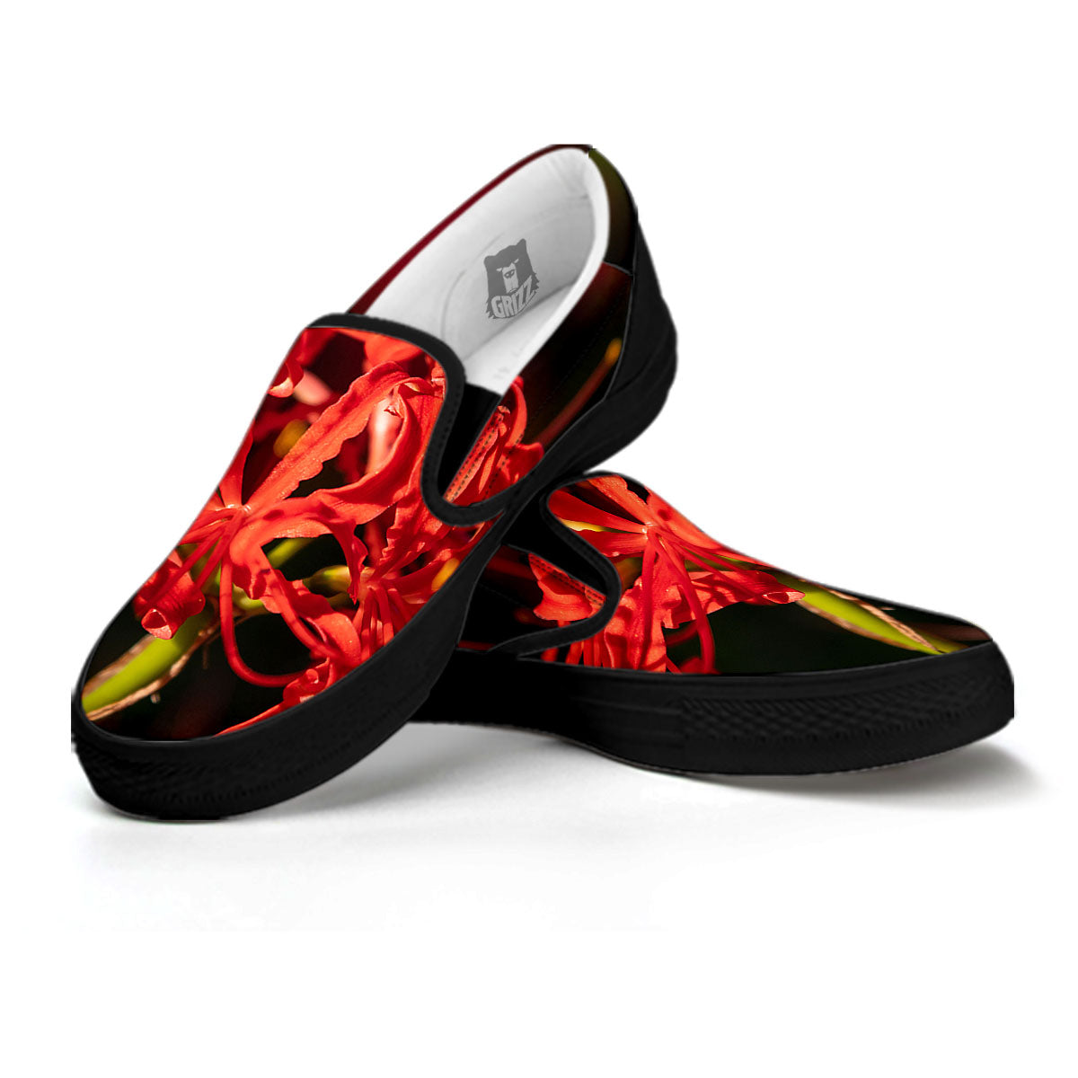 Amaryllis Red Japanese Print Black Slip On Shoes-grizzshop