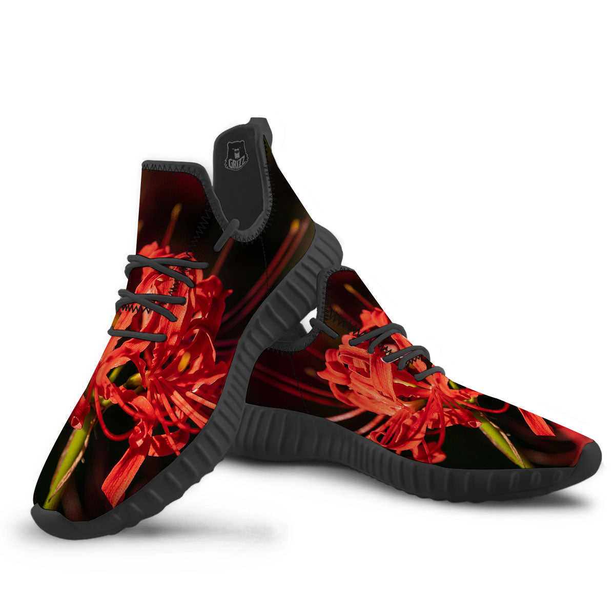 Amaryllis Red Japanese Print Black Walking Shoes-grizzshop