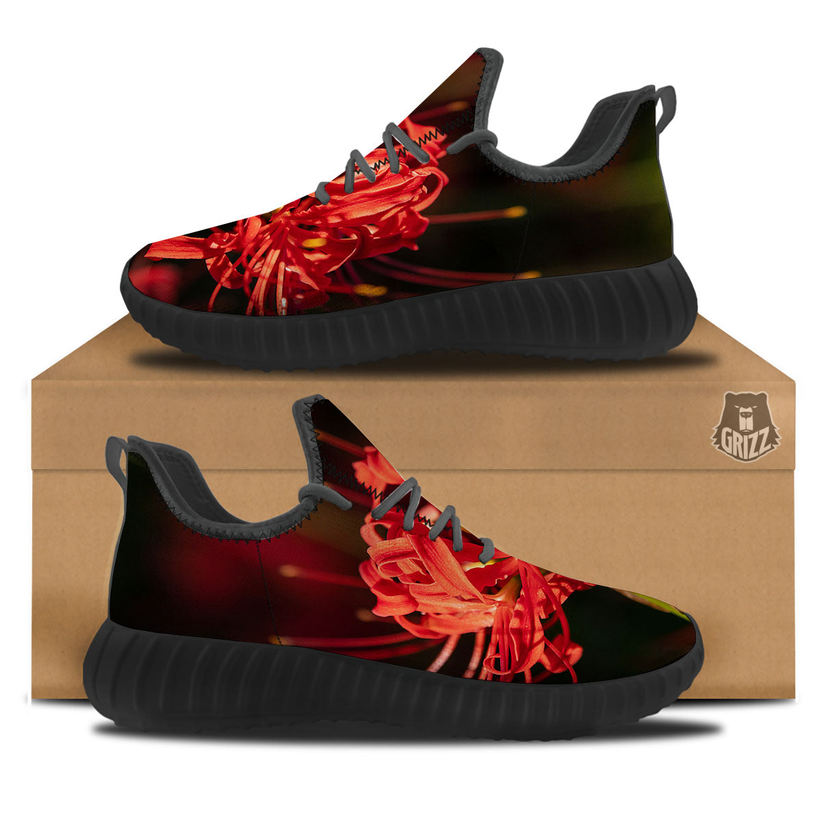 Amaryllis Red Japanese Print Black Walking Shoes-grizzshop