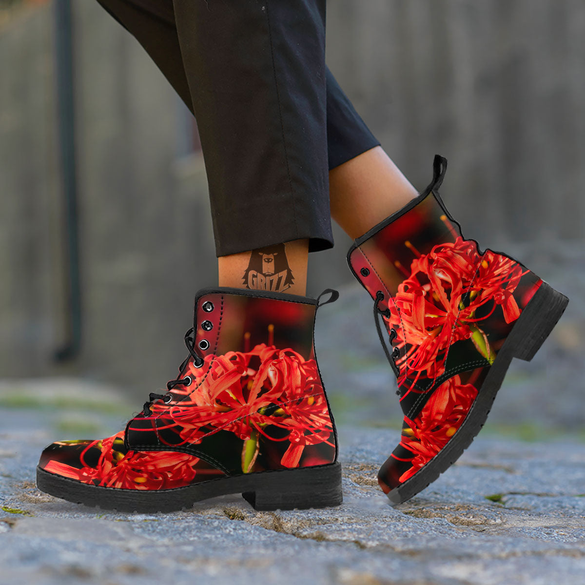 Amaryllis Red Japanese Print Leather Boots-grizzshop