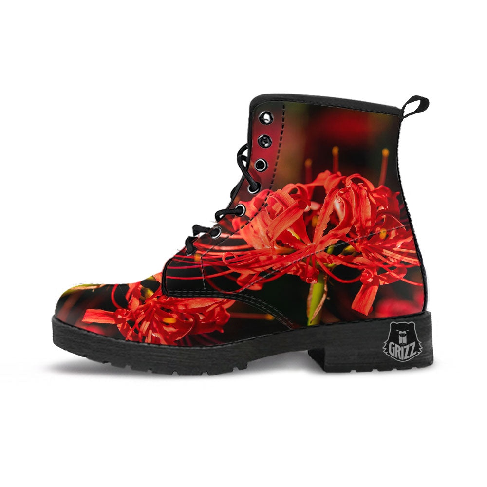 Amaryllis Red Japanese Print Leather Boots-grizzshop