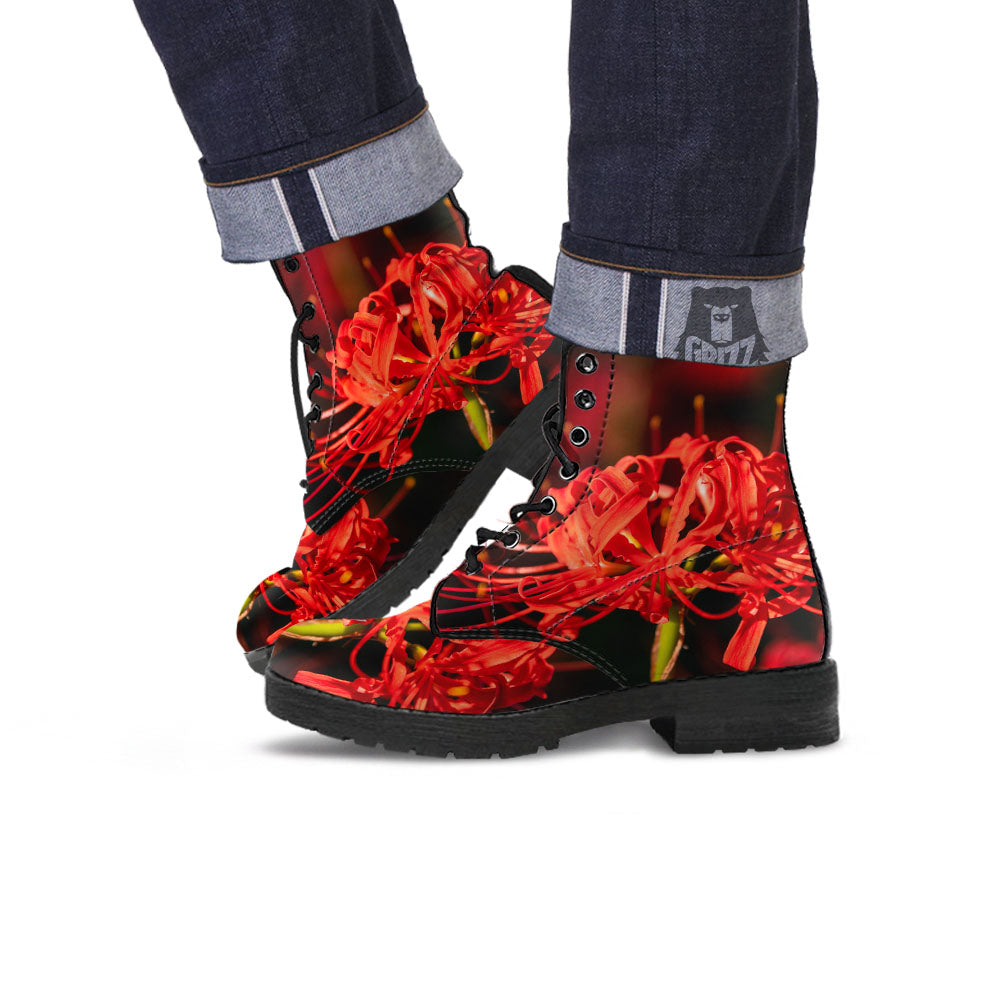 Amaryllis Red Japanese Print Leather Boots-grizzshop