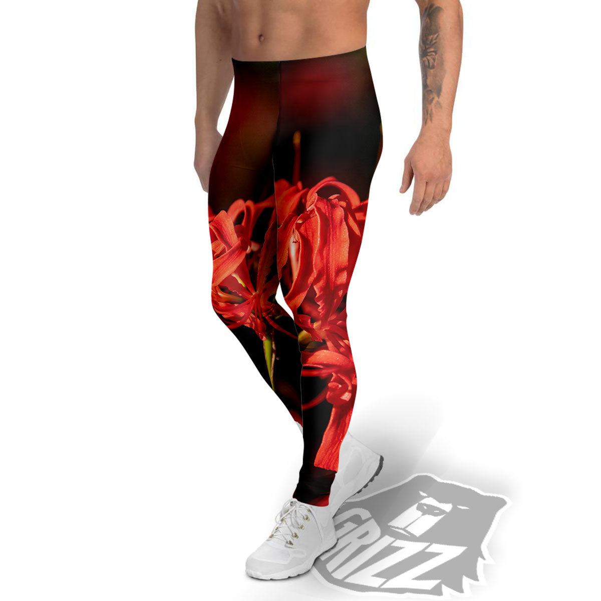 Amaryllis Red Japanese Print Men's Leggings-grizzshop