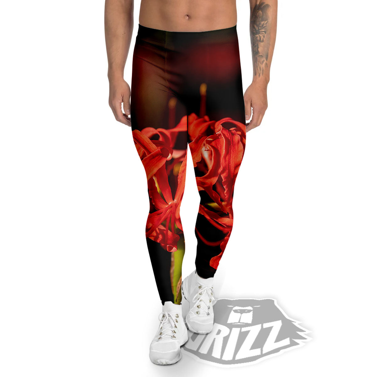 Amaryllis Red Japanese Print Men's Leggings-grizzshop