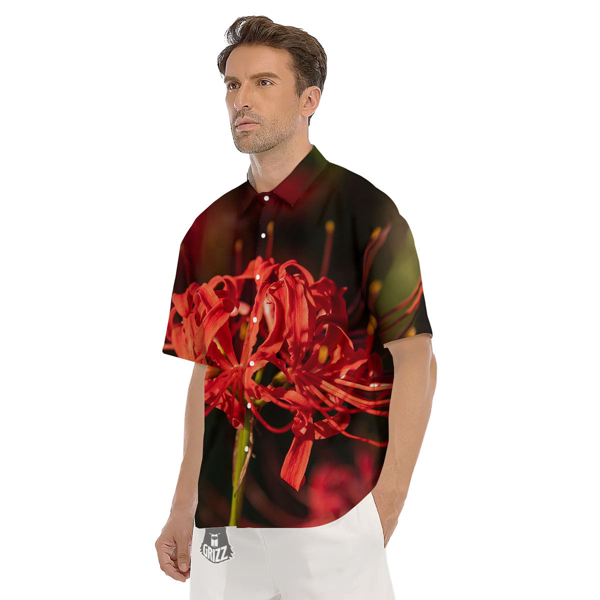 Amaryllis Red Japanese Print Men's Short Sleeve Shirts-grizzshop