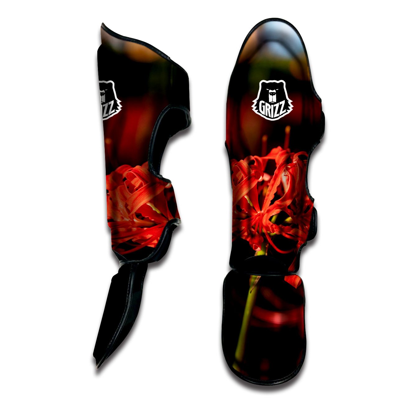 Amaryllis Red Japanese Print Muay Thai Shin Guards-grizzshop