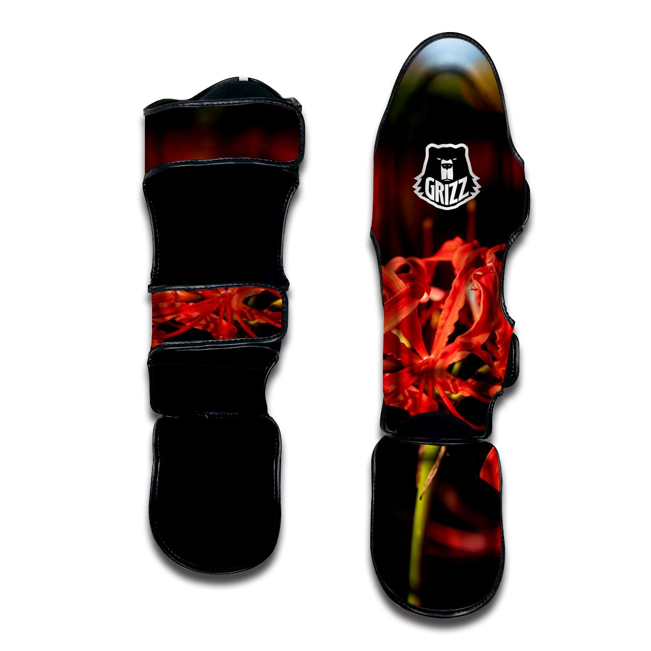 Amaryllis Red Japanese Print Muay Thai Shin Guards-grizzshop