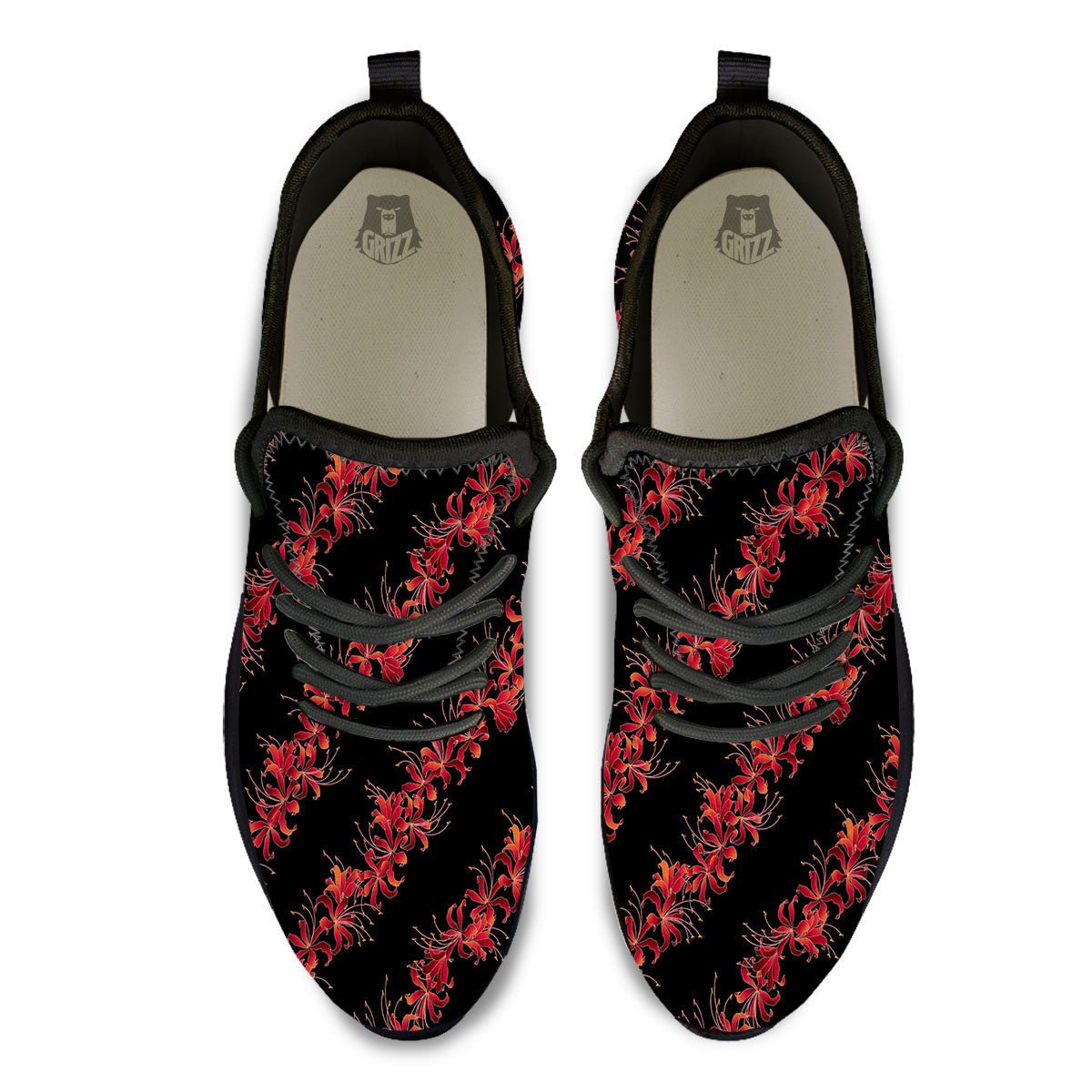 Amaryllis Red Japanese Print Pattern Black Athletic Shoes-grizzshop