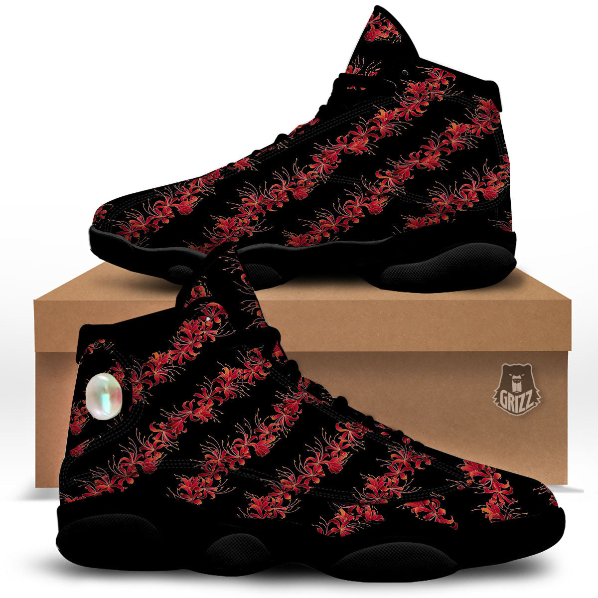 Amaryllis Red Japanese Print Pattern Black Basketball Shoes-grizzshop