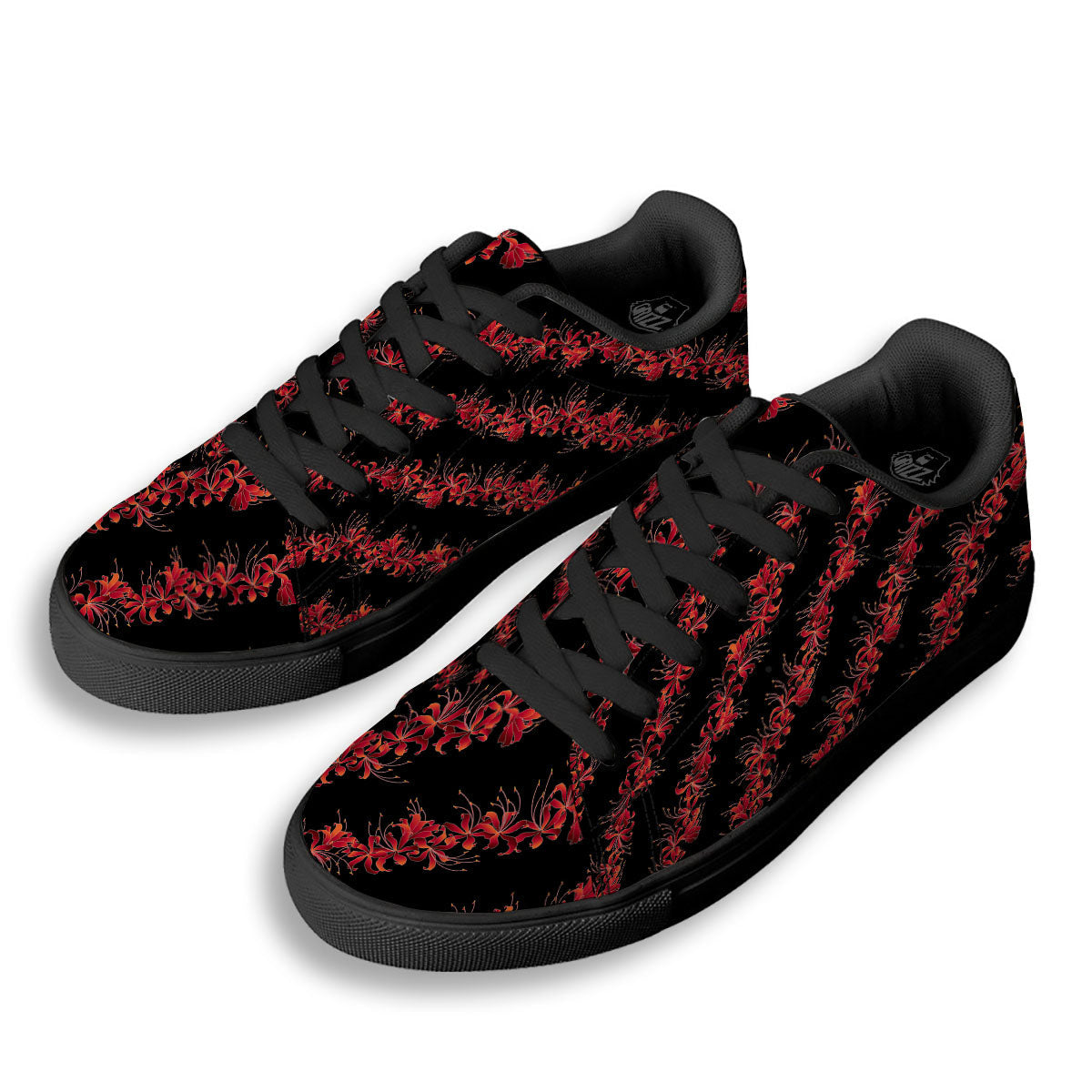 Amaryllis Red Japanese Print Pattern Black Low Top Sneakers-grizzshop