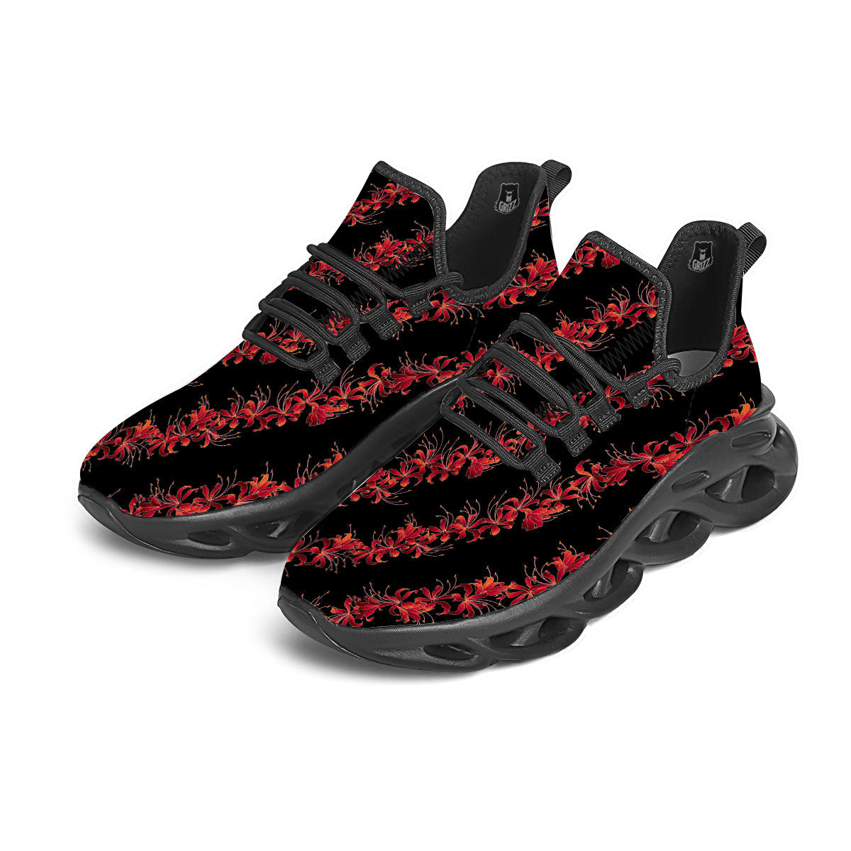 Amaryllis Red Japanese Print Pattern Black Running Shoes-grizzshop
