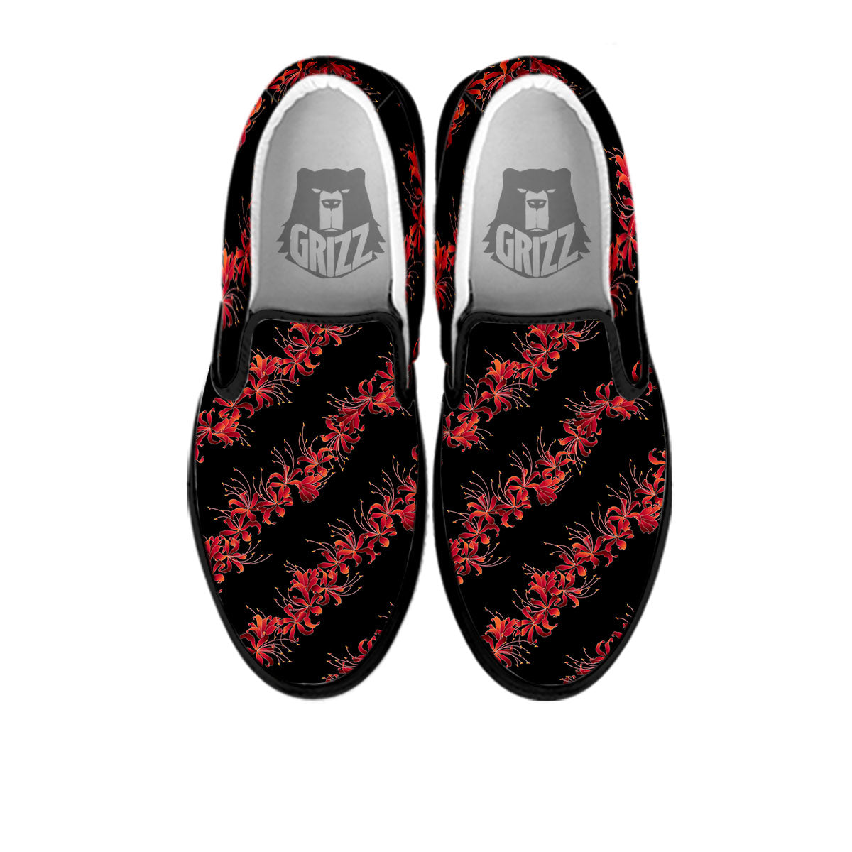 Amaryllis Red Japanese Print Pattern Black Slip On Shoes-grizzshop
