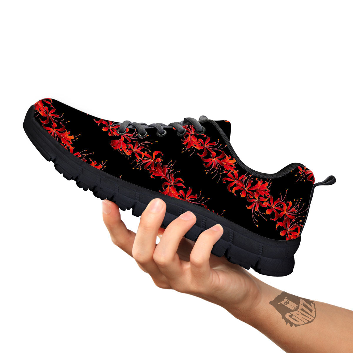 Amaryllis Red Japanese Print Pattern Black Sneaker-grizzshop