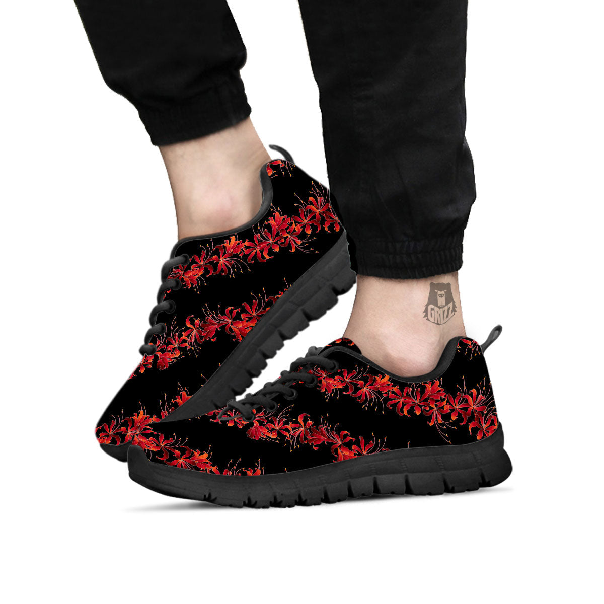 Amaryllis Red Japanese Print Pattern Black Sneaker-grizzshop