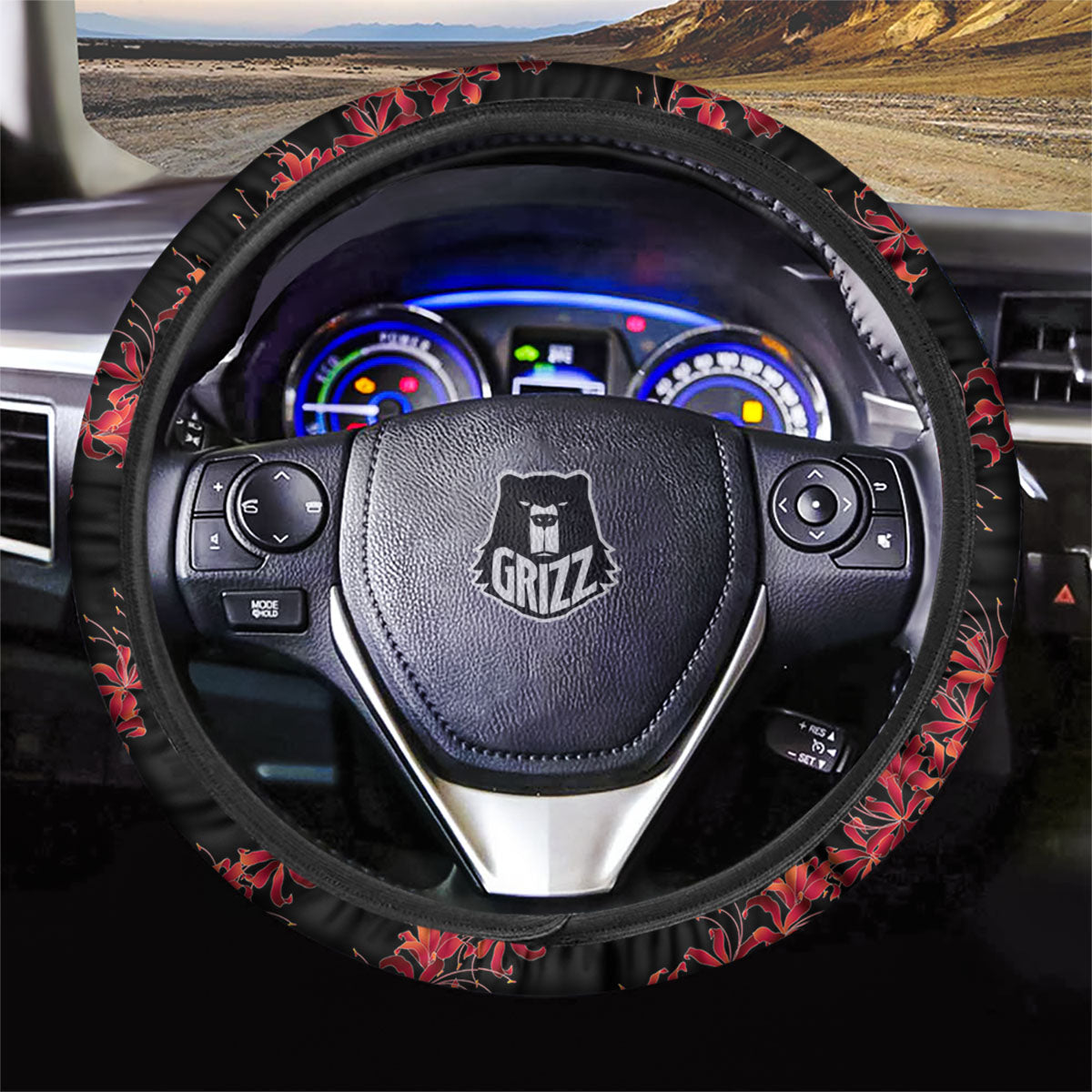 Amaryllis Red Japanese Print Pattern Car Steering Wheel Cover-grizzshop