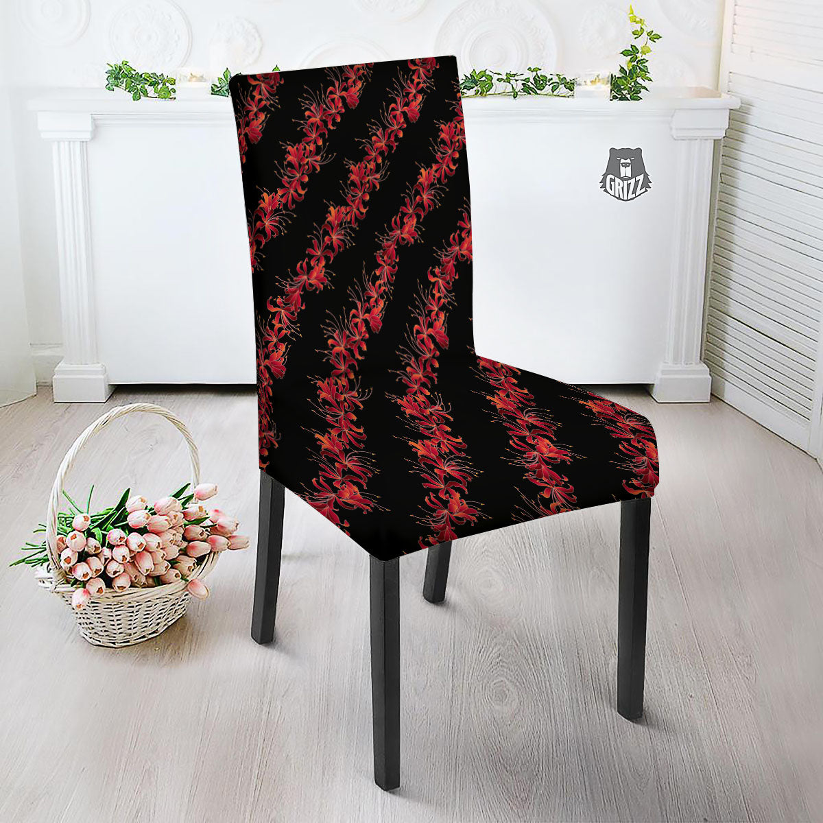 Amaryllis Red Japanese Print Pattern Dining Chair Slipcover-grizzshop