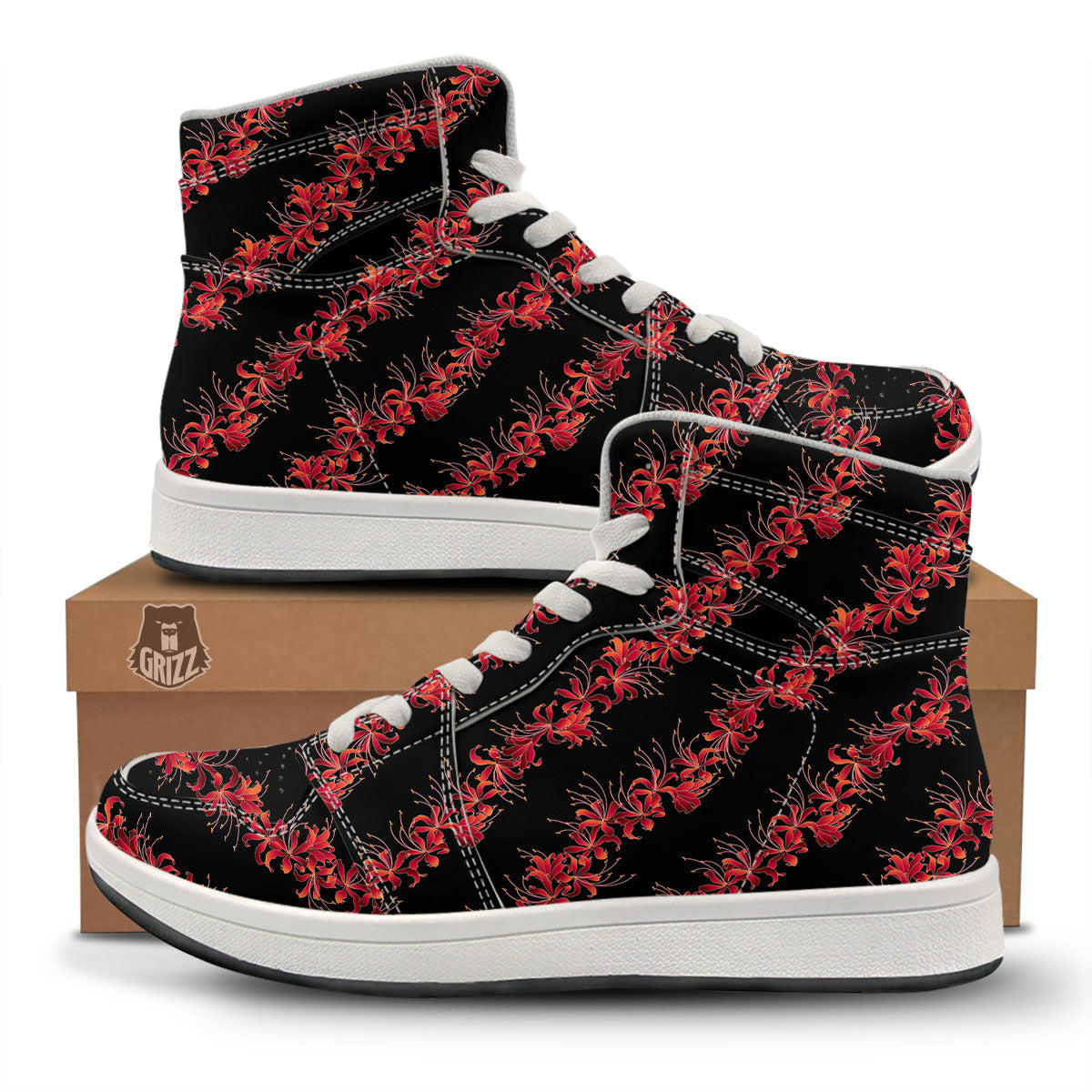 Amaryllis Red Japanese Print Pattern High Top Sneakers-grizzshop