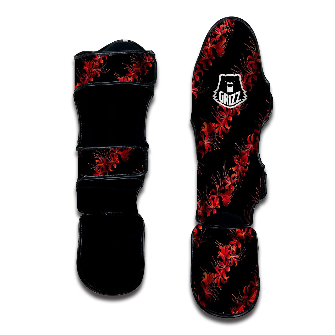 Amaryllis Red Japanese Print Pattern Muay Thai Shin Guards-grizzshop