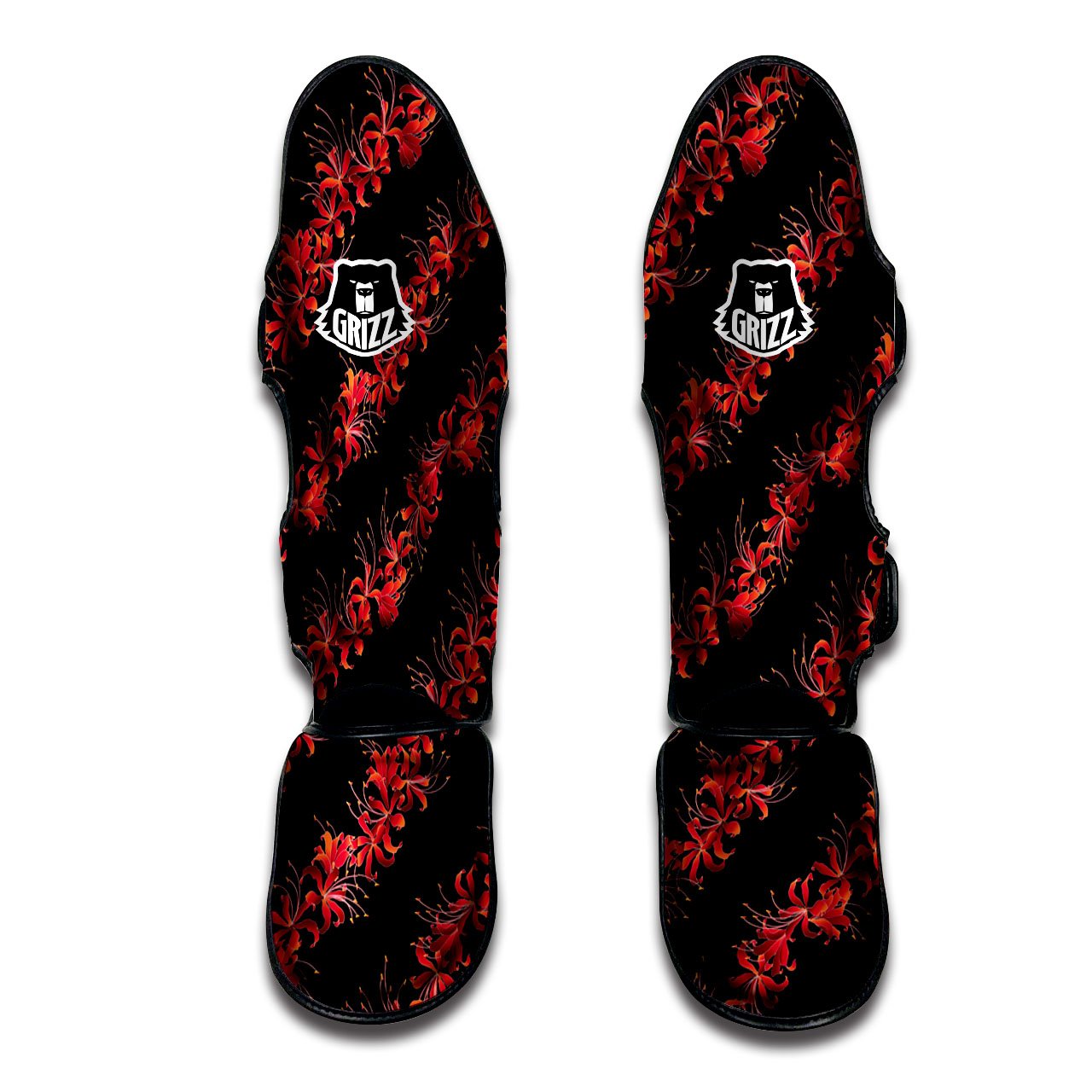 Amaryllis Red Japanese Print Pattern Muay Thai Shin Guards-grizzshop