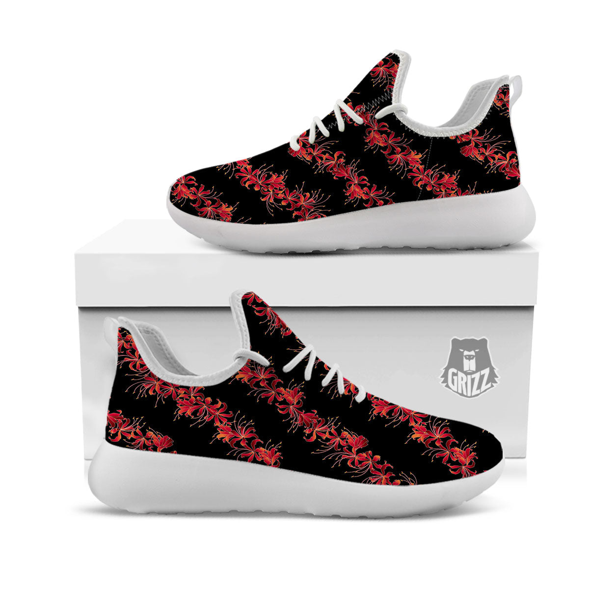 Amaryllis Red Japanese Print Pattern White Athletic Shoes-grizzshop