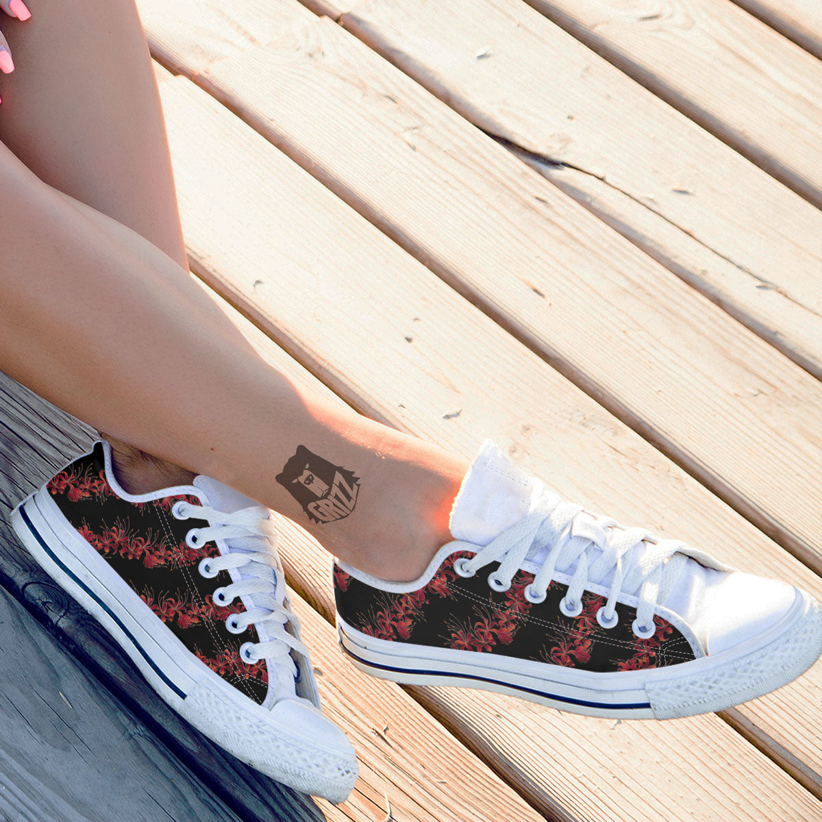 Amaryllis Red Japanese Print Pattern White Low Top Shoes-grizzshop