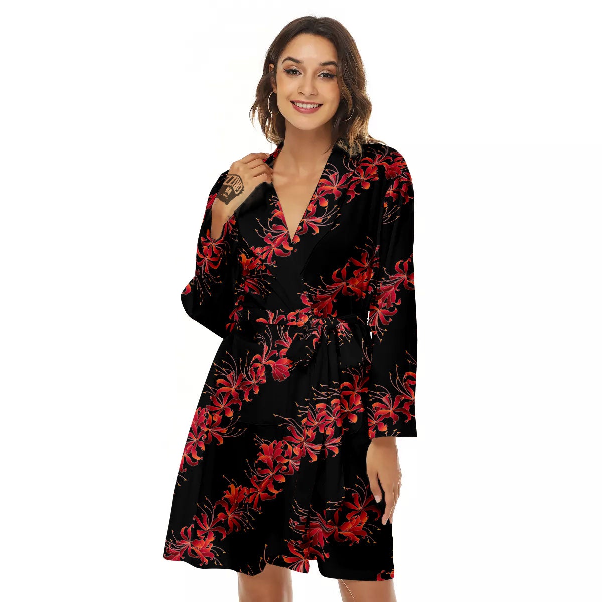 Amaryllis Red Japanese Print Pattern Women's Robe-grizzshop