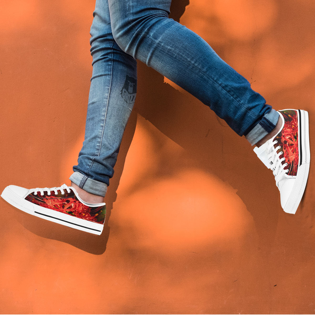 Amaryllis Red Japanese Print White Low Top Shoes-grizzshop