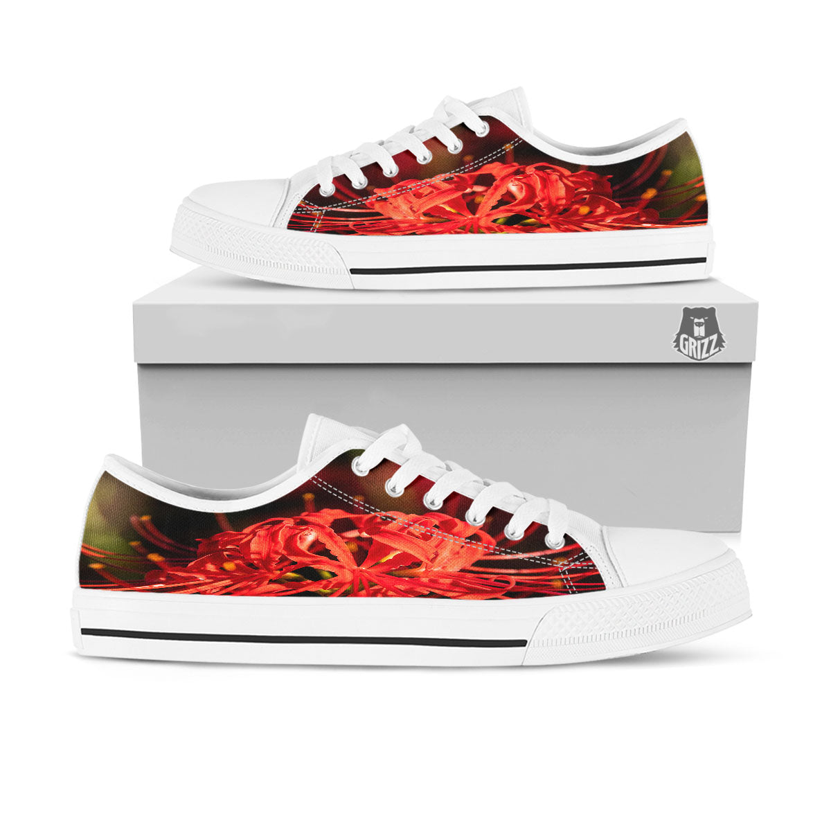 Amaryllis Red Japanese Print White Low Top Shoes-grizzshop