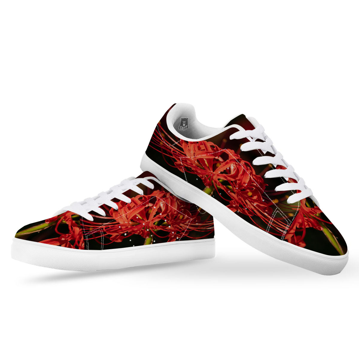 Amaryllis Red Japanese Print White Low Top Sneakers-grizzshop