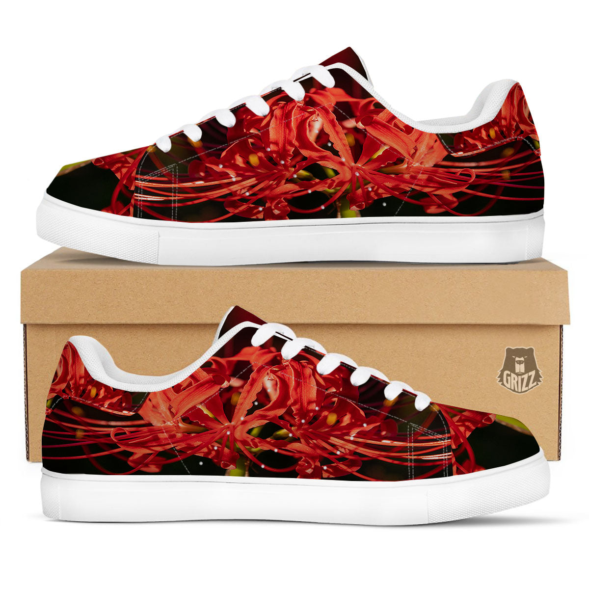 Amaryllis Red Japanese Print White Low Top Sneakers-grizzshop