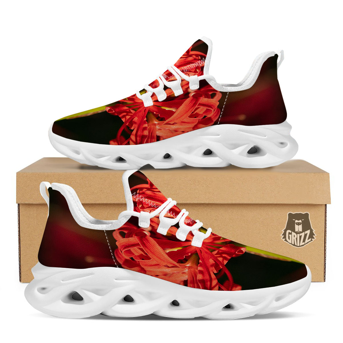 Amaryllis Red Japanese Print White Running Shoes-grizzshop