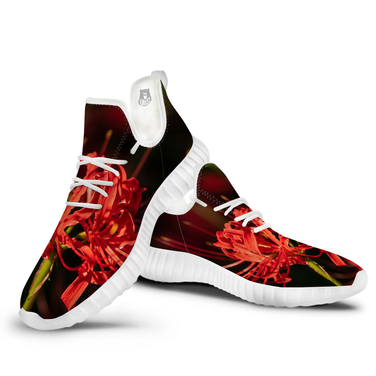 Amaryllis Red Japanese Print White Walking Shoes-grizzshop