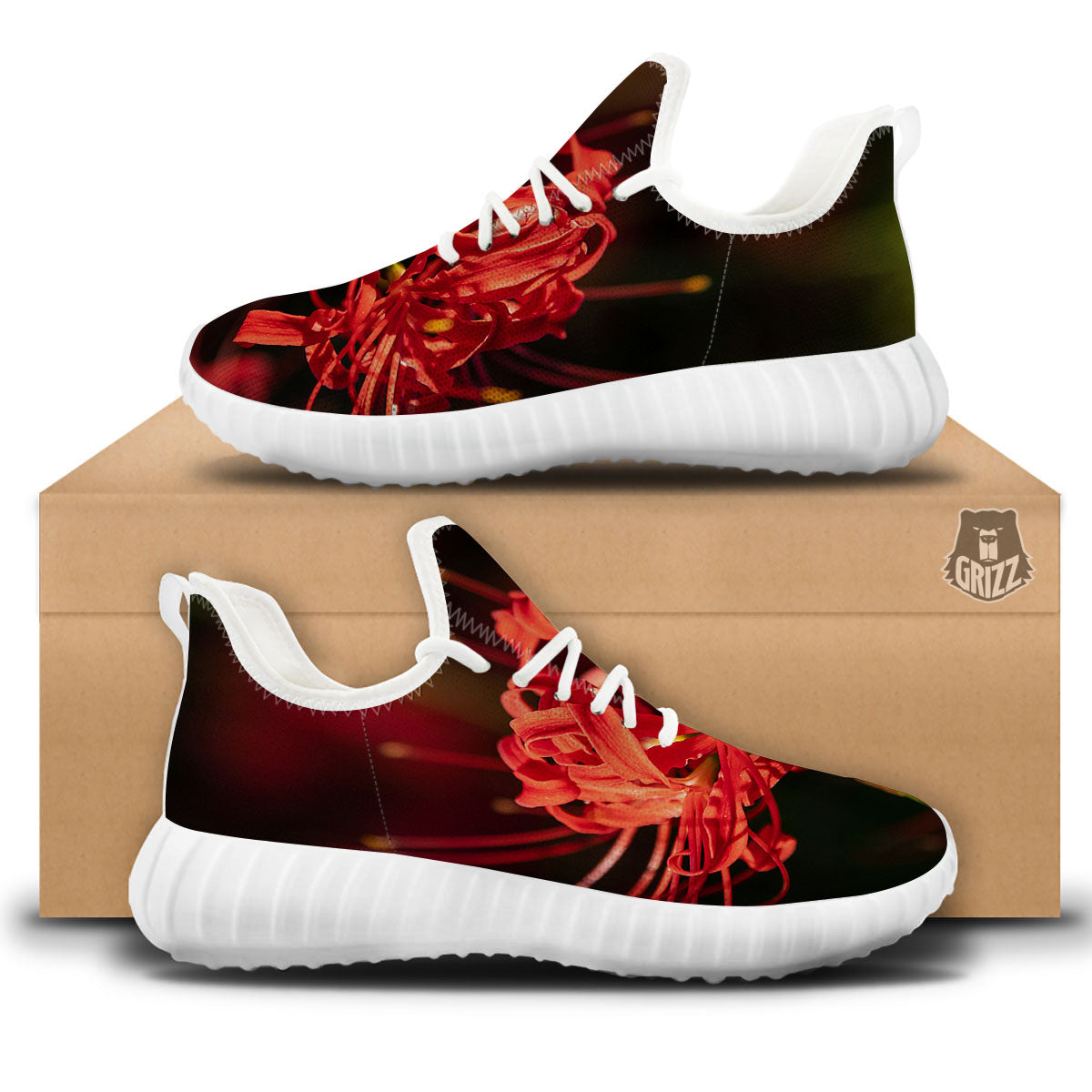 Amaryllis Red Japanese Print White Walking Shoes-grizzshop
