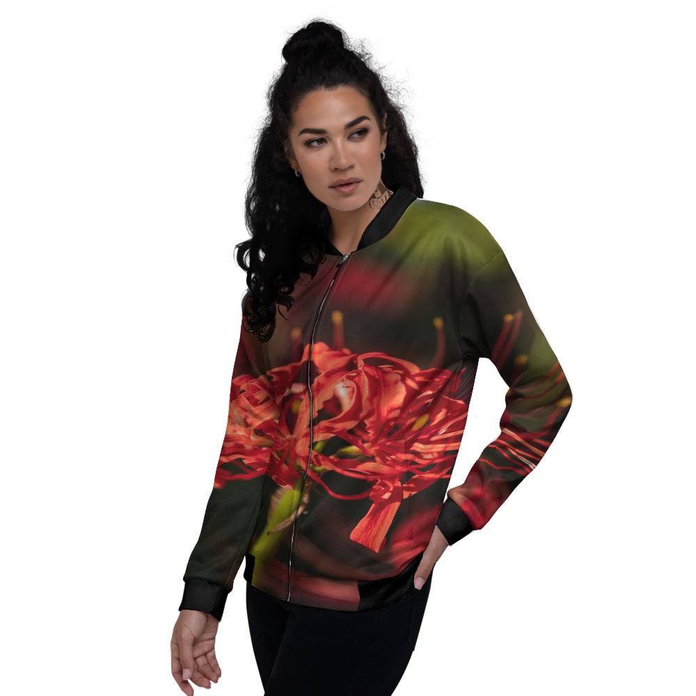 Amaryllis Red Japanese Print Women's Bomber Jacket-grizzshop
