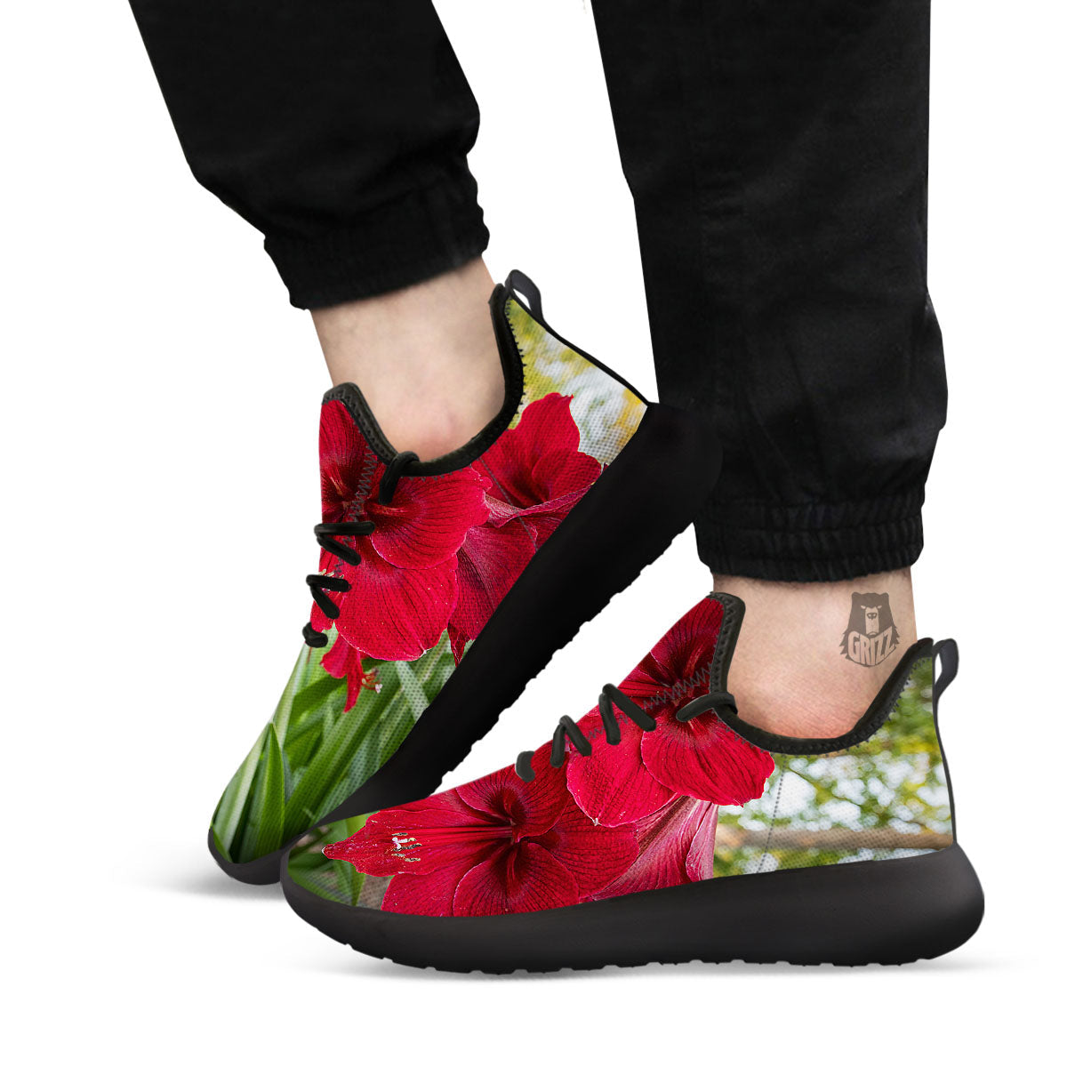 Amaryllis Red Print Black Athletic Shoes-grizzshop