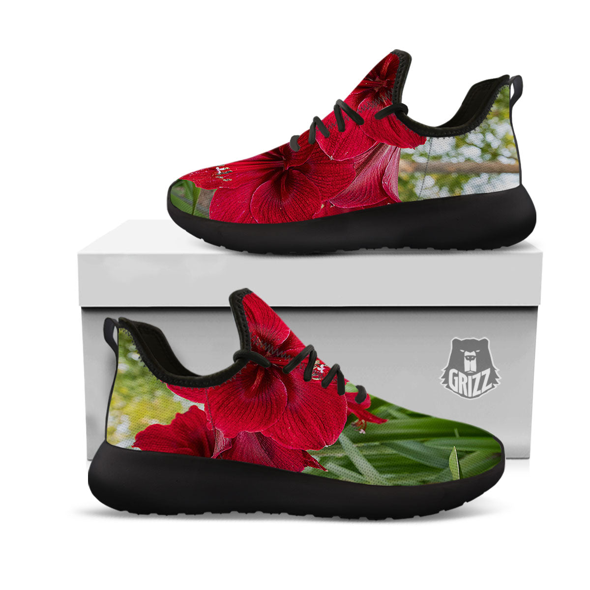 Amaryllis Red Print Black Athletic Shoes-grizzshop