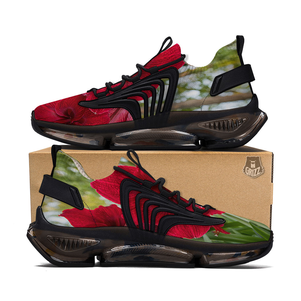 Amaryllis Red Print Black Gym Shoes-grizzshop