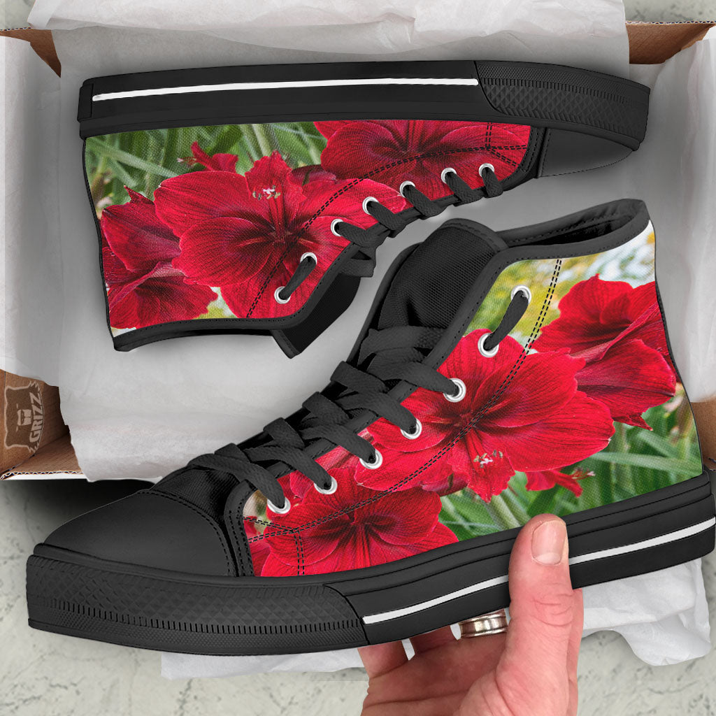 Amaryllis Red Print Black High Top Shoes-grizzshop
