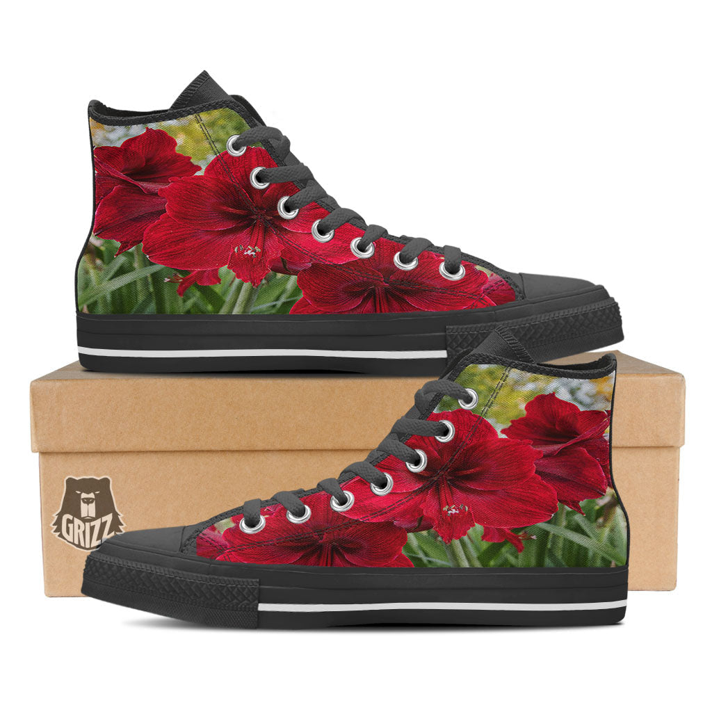 Amaryllis Red Print Black High Top Shoes-grizzshop